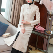 Chinese style womens autumn and winter Chinese retro buckle medium long cardigan cheongsam jacket Zen tea dress women dress