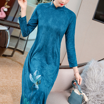 Retro literary temperament National style improved cheongsam dress hand-painted Chinese style womens Zen tea clothing womens autumn