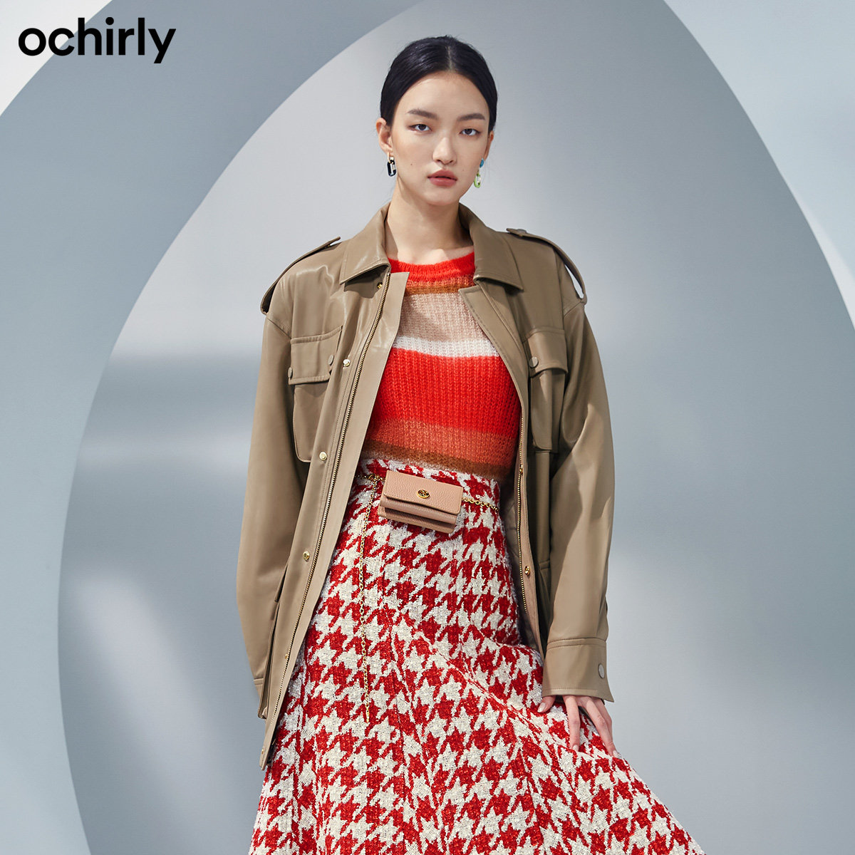 ochirly欧时力2021新款春装配腰带pu皮工装棉衣外套女1ny104116f