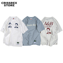Crissrex Store ANB GOODJOB gentleman boy printed loose short sleeve T-shirt white apricot blue