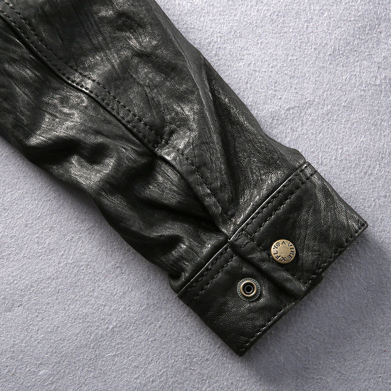 植鞣山羊皮皮衣真皮皮衣男士休闲翻领褶皱机车款春秋季潮男装夹克