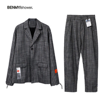 benmyshower national tide retro plaid yarn-dyed blazer tide brand hip-hop men and women couples suit loose