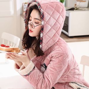 睡衣女秋冬珊瑚绒加厚加绒连帽韩版甜美可爱家居服新款夹棉大码装