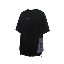 PUPILTRAVEL Trendy Double Pocket Reflective Drawstring Short Sleeve T-Shirt 100% Cotton Loose Round Neck Couple Bottoming Shirt
