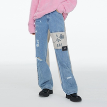 ANDYET AD1 21AW trendy brand stitching ripped jeans street rose print straight trousers for men and women