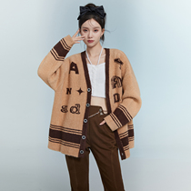 ANDYET AD1 21AW Original Design Khaki Alphabet Printed Sweater Cardigan Trendy Brand Knitwear Jacket