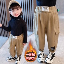 Childrens integrated fleece cargo pants autumn and winter baby girl plus fleece casual trousers children Korean version of Harlan bloomers