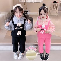 Female child plus velvet thick suit winter baby net red hot sweatshirt two-piece set 2021 new Korean version of childrens clothing