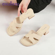 (Mall same section) Yith q2022 new h slippers female summer outside wearing matching dress coarse heel genuine leather sandals