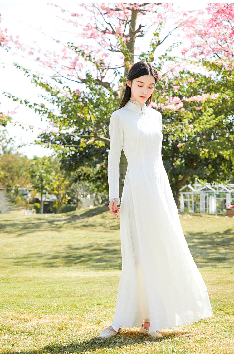 9273秋冬新款中式复古女白色改良奥黛修身针织旗袍茶服长款连衣裙