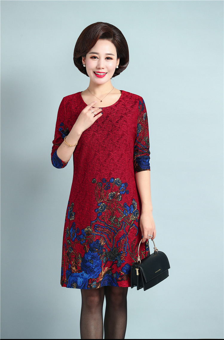 中老年女装春秋装中长款长袖连衣裙40-50岁裙子妈妈装大码打底衫