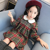  Girls  Western style dress new Zhongda childrens spring and autumn Korean childrens clothing plaid skirt childrens doll collar long-sleeved skirt