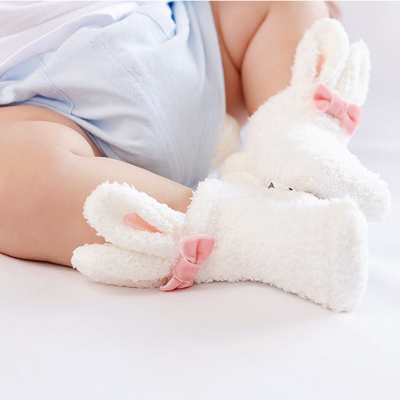 Autumn Winter Soft Cotton Thickened Baby Socks Coral Suede Solid Cute Baby Little Rabbit Socks Newborn Socks