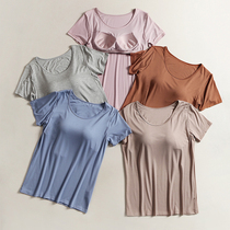 Short-sleeved T-shirt with chest pad Womens summer bra cup one-piece half-sleeve base shirt Modal homewear pajama top