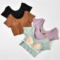Pure cotton with chest pad short sleeve T-shirt Women summer short cross top with high waist big U beauty back half sleeve base shirt