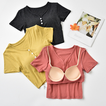 Short sleeve T-shirt with chest pad short sleeve Women summer short cross top bra bra cup one body slim with high waist base shirt