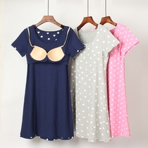 Female summer cotton with chest pad pajamas-Free Cup one-piece short-sleeved home wear half-sleeved nightgown