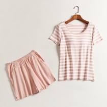 Female summer cotton with chest pad pajamas short sleeve non-bra cup one half sleeve shorts home clothing two-piece set