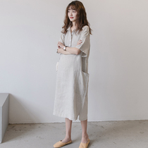The long cotton linen pregnant woman skirt 2021 in the pregnant woman dress 2021 new simple short-sleeved summer dress