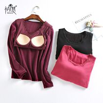 Ci with chest pad De velvet warm long sleeve plus velvet thickened autumn and winter Cup one-piece bottoming slim body top