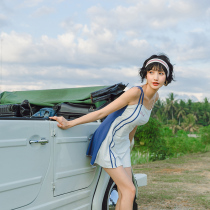 Blue and white stitching swimsuit female classic conjoined cute hipster Korean sweet vitality girl small chest gathering belly