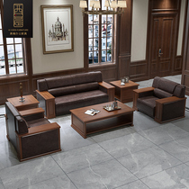 Office Guest Room Sofa Real Leather New Chinese Trio Place Office Sofa Tea Table Combo Business Hospitality Sofa