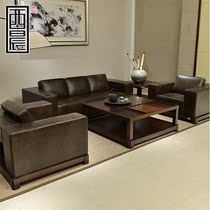 New Chinese Sofa Business Office Reception Room Real Leather Sofa Solid Wood Tea Table Combined Modern Minimalist Furniture Custom
