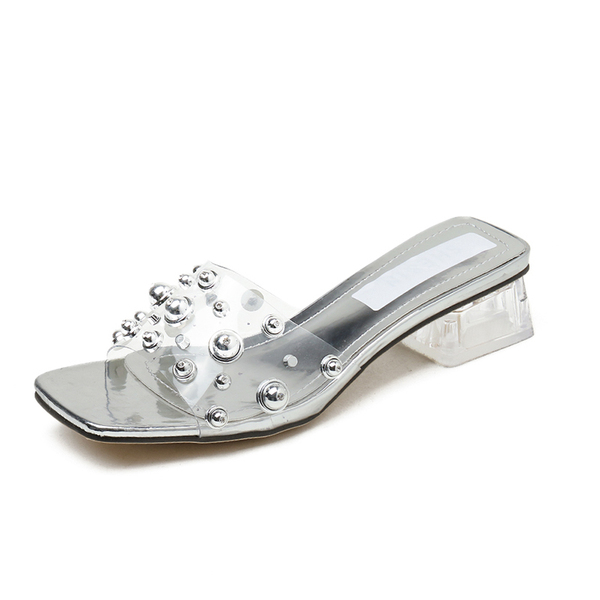New crystal heel shiny rivet film low heel sandals in 2020 summer