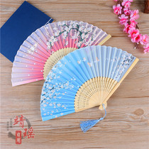 Chinese ancient style Lady small folding fan tassel summer portable folding fan Japanese cherry blossom Hanfu dance decoration fan