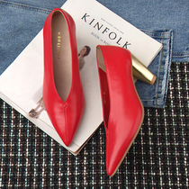 Slip - leather single shoe woman in spring 2023 - coarse heels high heels retro - shaped tapered heel v - mouth grandma shoes