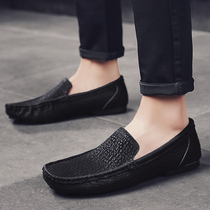 Bean Bean Shoes Men 2022 Spring New Genuine Leather No Laces Leather Shoes Men Shoes Full Black Driving Shoes Hair Stylist Wave Shoes