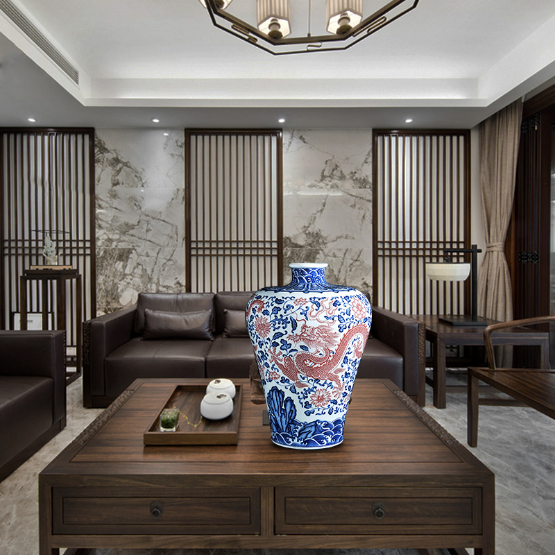 Antique vase of blue and white porcelain of jingdezhen ceramics youligong red dragon grain mei bottles of the sitting room of Chinese style household act the role ofing is tasted furnishing articles