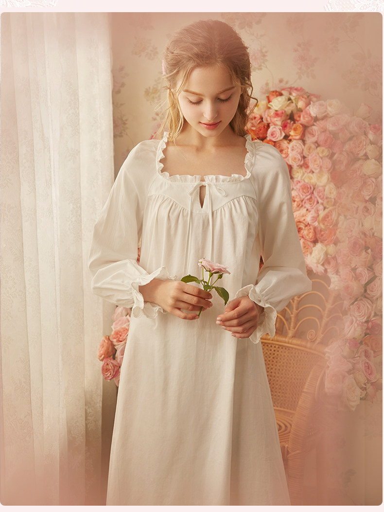 公主睡衣_公主宫廷睡衣春秋季可爱复古睡裙白色长款纯棉纯色
