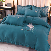 New Korean minimalist embroidery bed skirt four-piece pastoral cotton cotton quilt cover skin-friendly bedding three-piece set