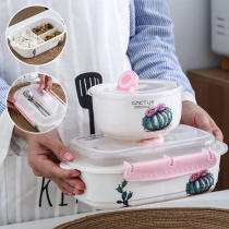 Ceramic Lunch Box Lunch Cartridge Lid Rectangular Microwave Oven Seal Separation Bowl Able to buckle and spoon fork Bowl Refreshing box