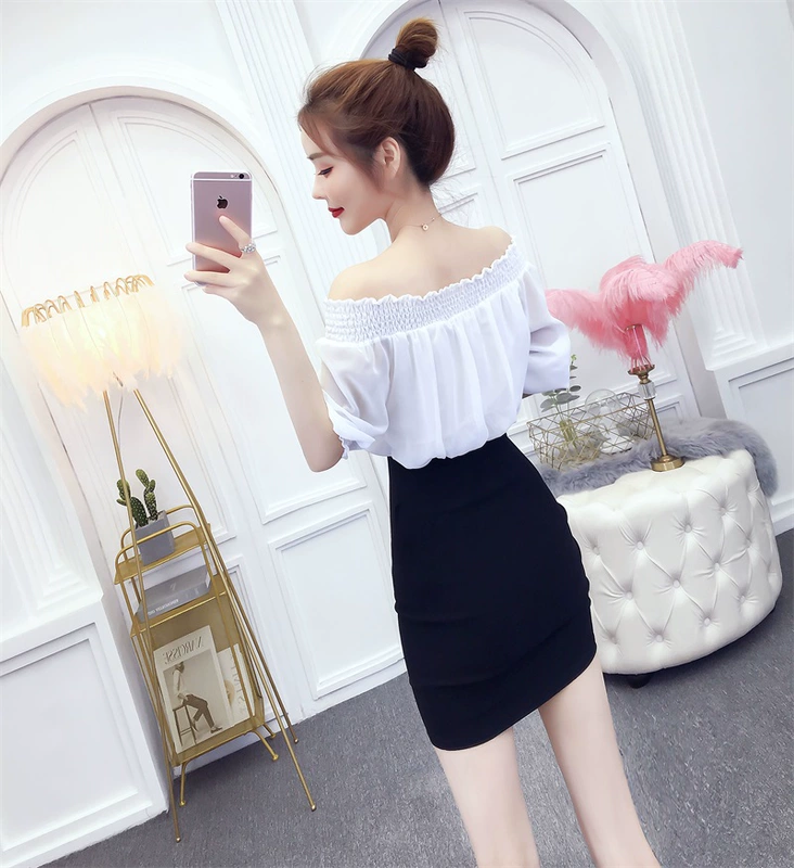 Hộp đêm phụ nữ sexy thời trang thon gọn một bên vai màu sắc phù hợp giả hai mảnh eo cao túi đeo hông phổ biến - Váy eo cao