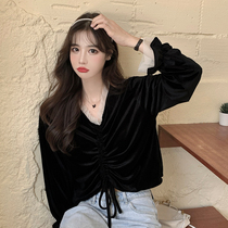 Large size womens autumn and winter clothing 2020 new black drawstring design niche velvet long-sleeved fat mm thin top