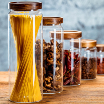 Sealed glass storage tank transparent bottle food Miscellaneous grain storage kitchen household storage tea jar with wooden lid