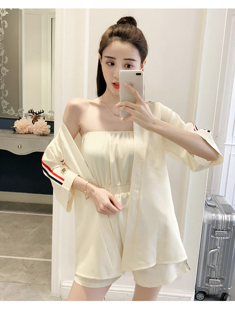 小香风套装夏女2018新款韩版时尚一字领漏肩抹胸连体短裤两件套潮