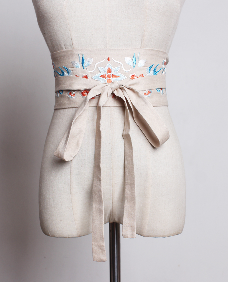 刺绣花朵腰封女装饰和服汉服连衣裙日式名族风黑色绒面宽腰带绑带