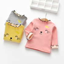 Girls plus velvet T-shirt 2021 autumn and winter new children cat embroidered top female treasure fungus long sleeve base shirt