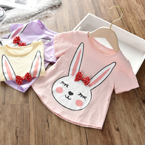 Girls short sleeve T-shirt 2021 new products summer clothes baby bow rabbit print base shirt children half sleeve t