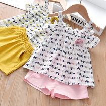 Girls summer suit summer dress female baby foreign fashion little girl Suspender top solid color shorts two-piece set