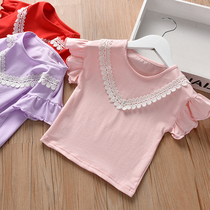 Girls half-sleeve T-shirt 2021 New Girls baby Summer thin solid color round neck lace top child T-shirt