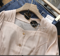 Brand Fold Discount Store Mall Special Cabinet Withdrawal Womens Foreign Trade Law Style Square Collar Rice Apricot Pink Shirt Blouses Women Summer