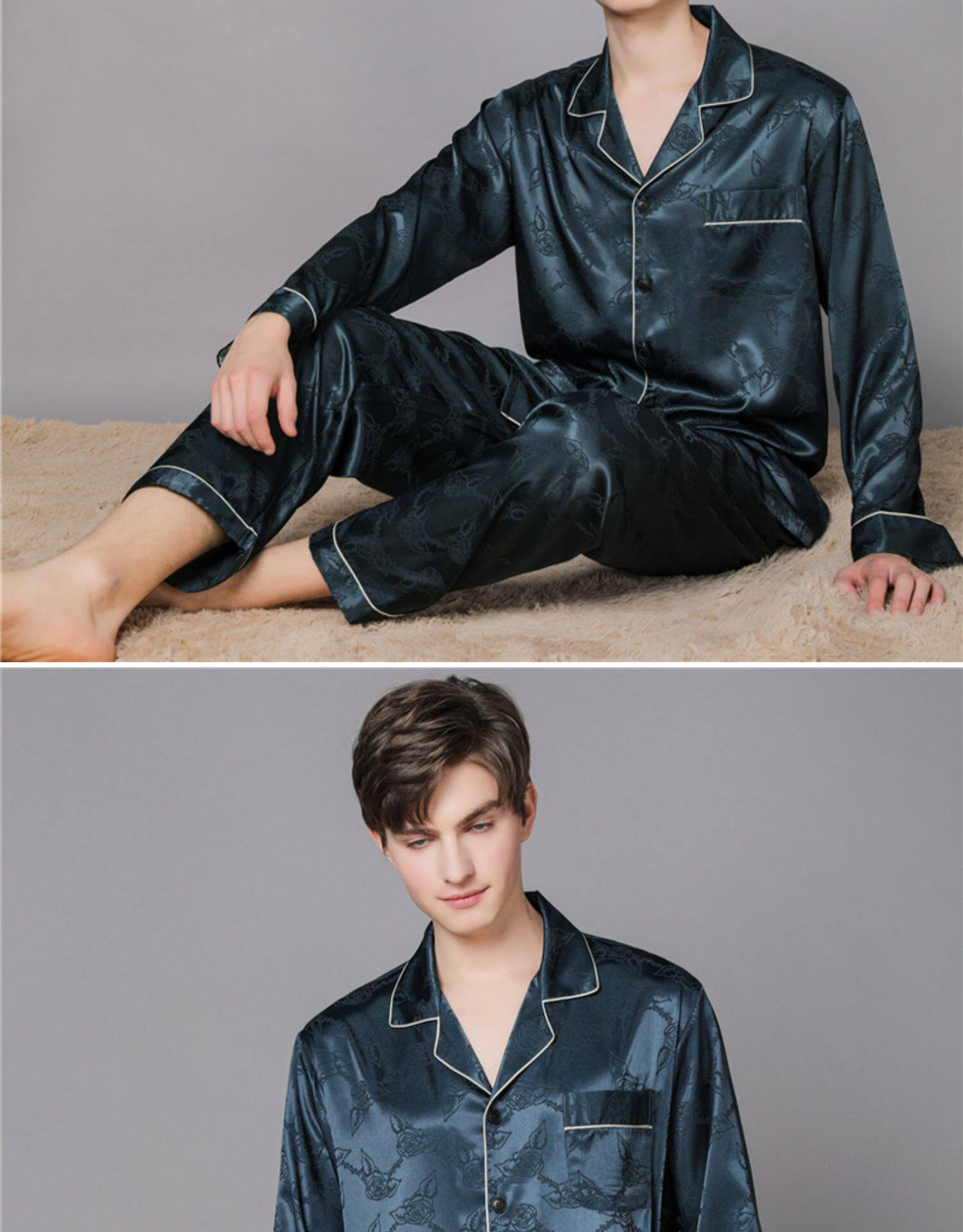 男士真丝睡衣长袖长裤大码宽松春秋桑蚕丝爸爸家居服套装