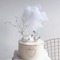 Bake cake decoration ins Crown swan ornament Pearl branch mesh feather plug-in birthday party dress