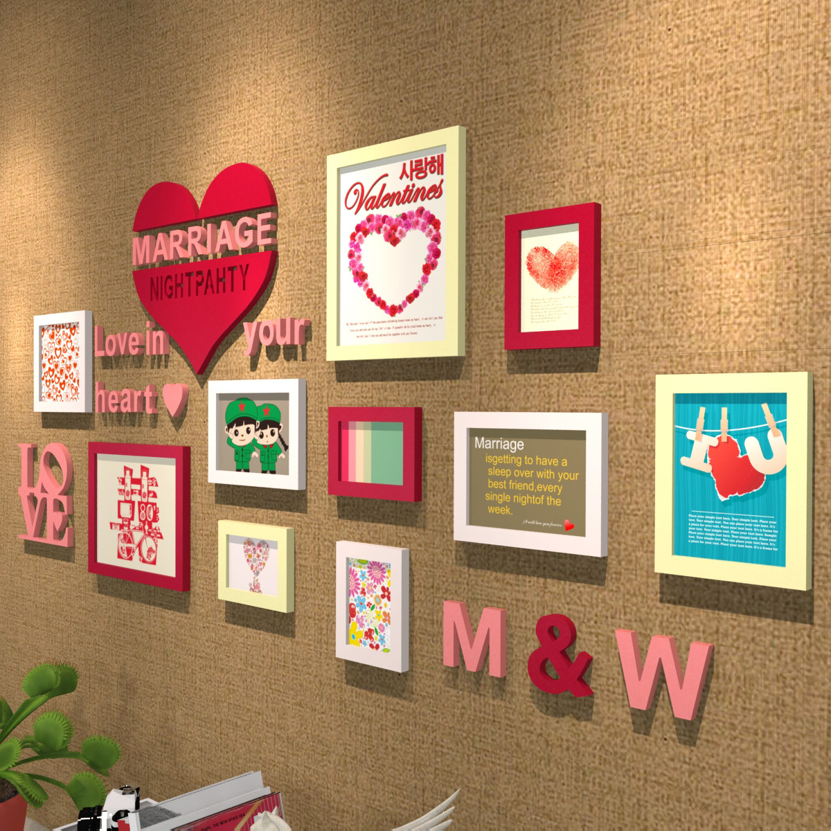 异形照片墙也是应用比较广泛的,将照片看似随意实则整体协调统一倒乙