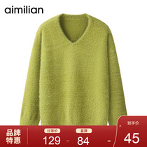 Amy love imitation mink wool pullover sweater womens winter thin solid color split sweater v-neck long-sleeved sweater autumn