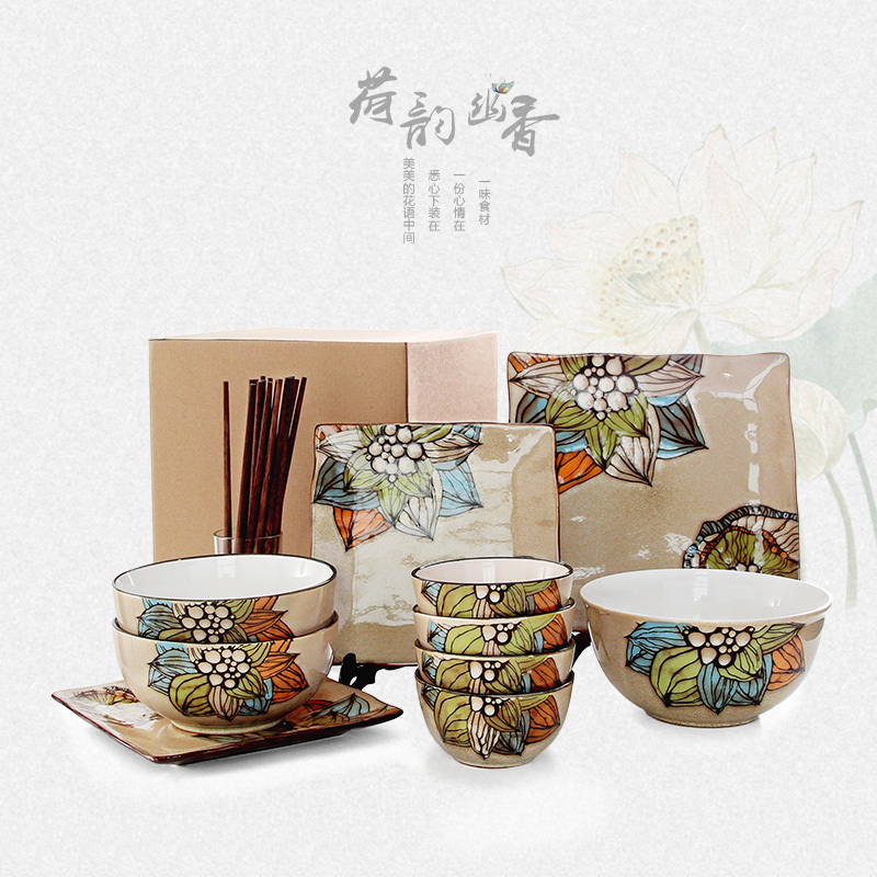 Four people eat the home dishes suit dish chopsticks tableware creative rice noodles in soup bowl hand - made ceramic western new move